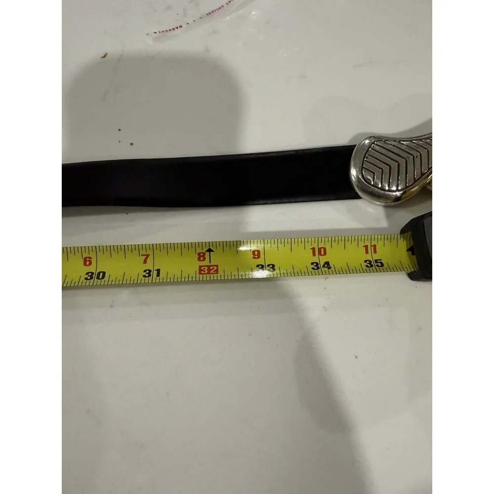 Chicos Vintage Metal Clasp Black Leather Adjustable Slide Belt Snake
